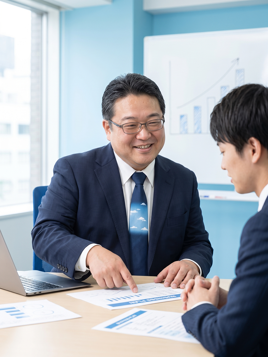 事業計画書を確認しながら補助金について説明する税理士