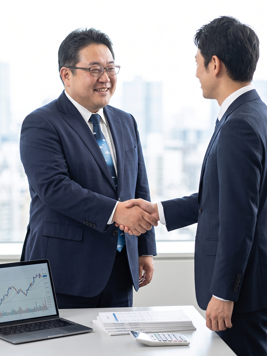 法人顧問をご利用いただいた男性経営者と代表税理士