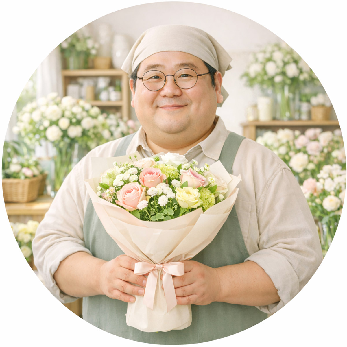 花束を持つ店主 丸居満