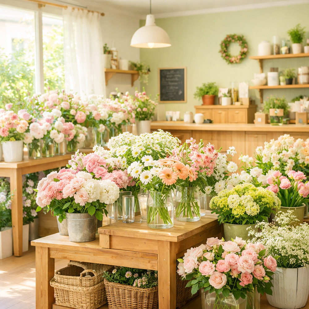 花が並ぶ明るい店内