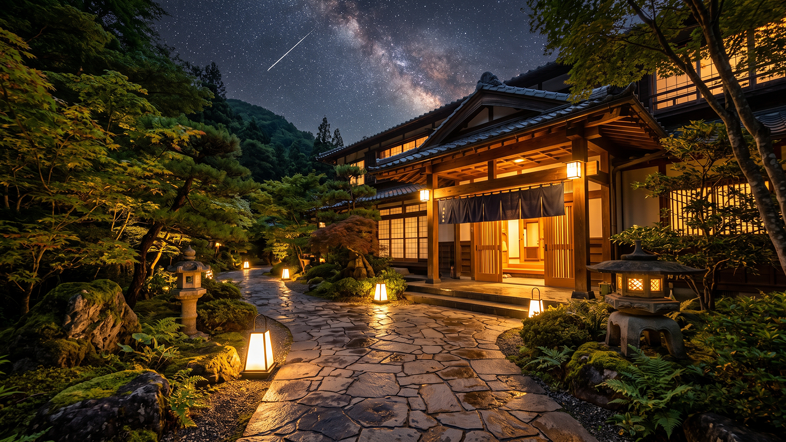 夜の星月夜旅館の外観