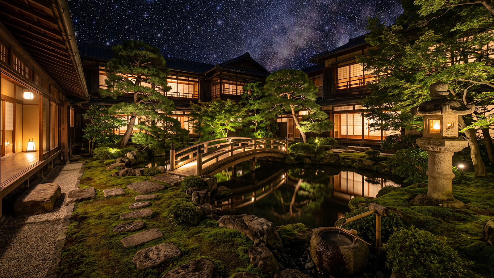 星月夜旅館の夜の中庭