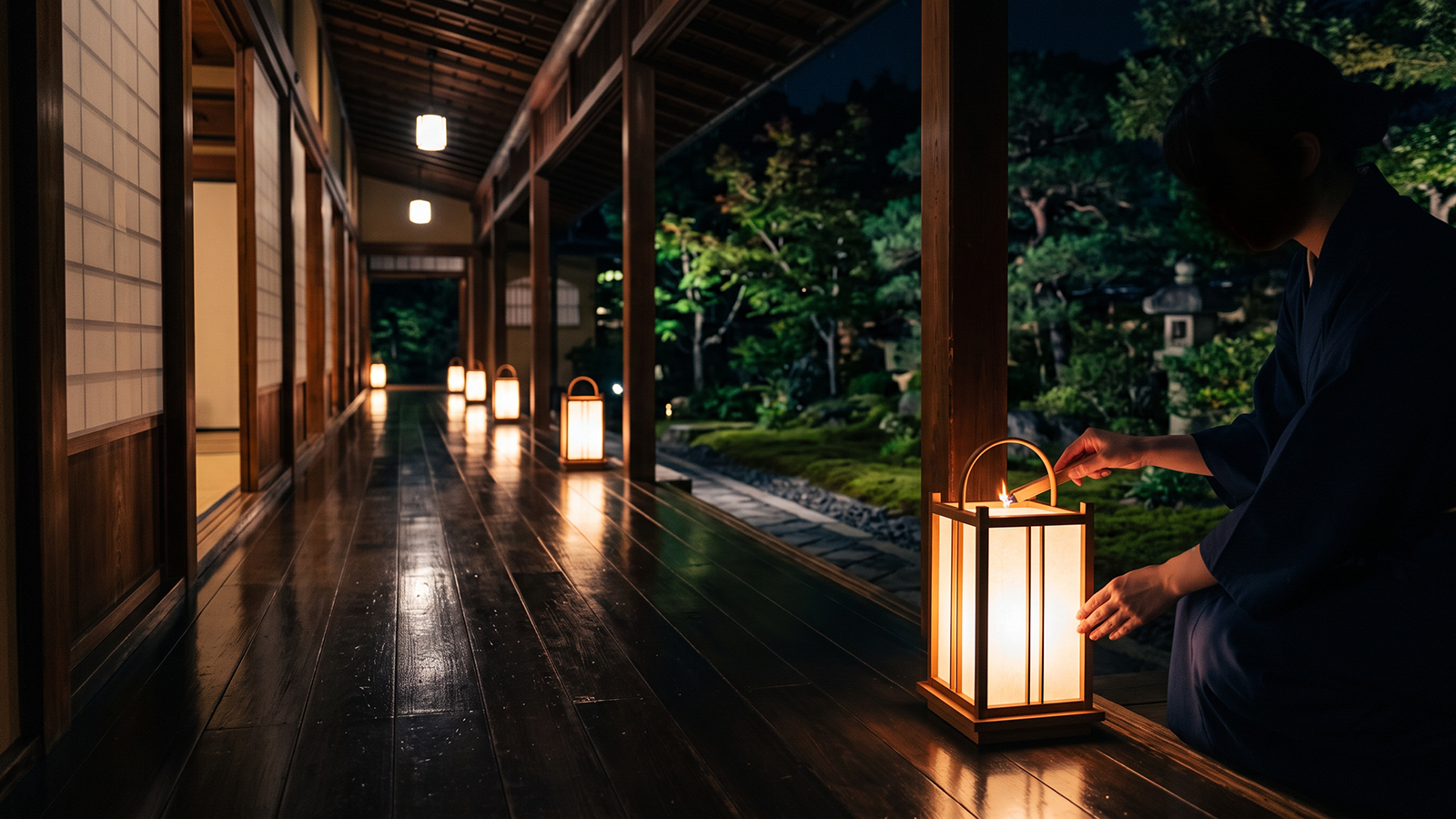 夜の廊下の行灯を整える仲居