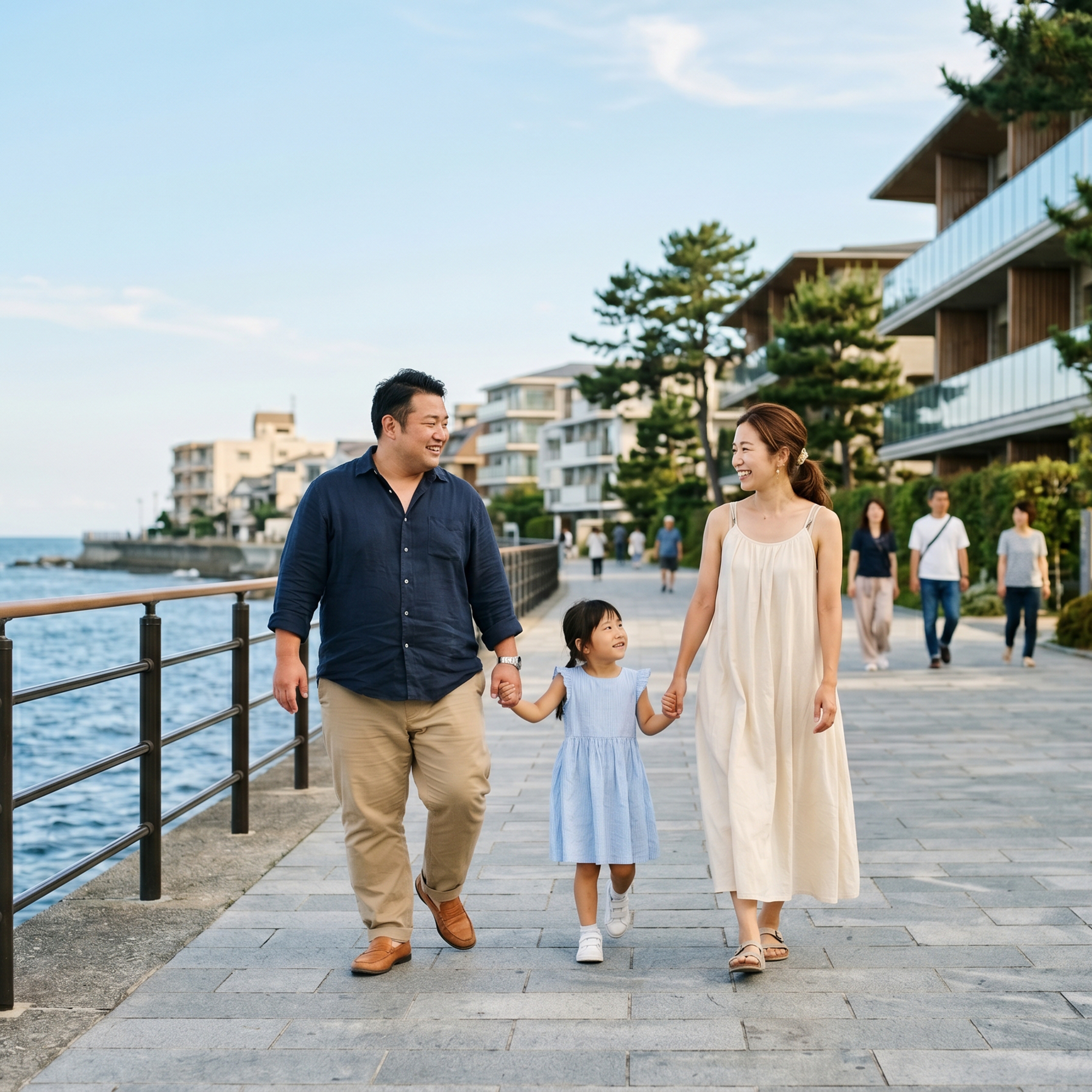 海沿いの遊歩道を歩く家族